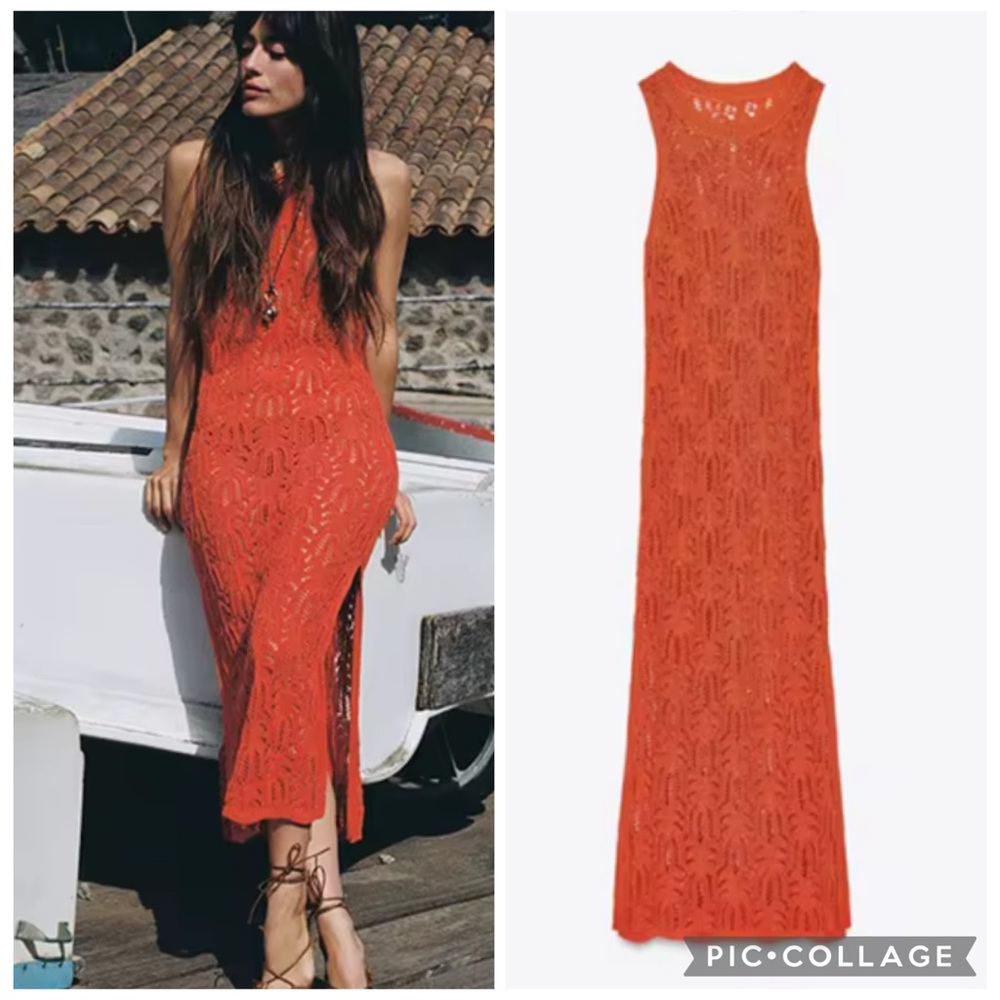 Zara NWT pointelle knit crochet midi dress orange 1822/026